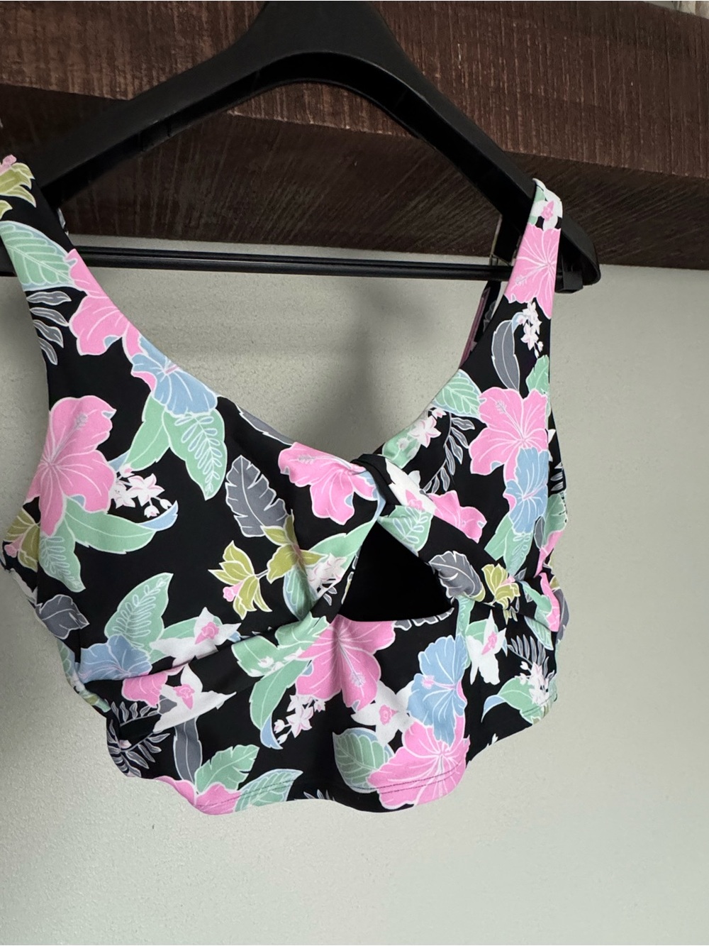 Floral Twist-Front Swim Top - Black with Pink & Pastel Floral